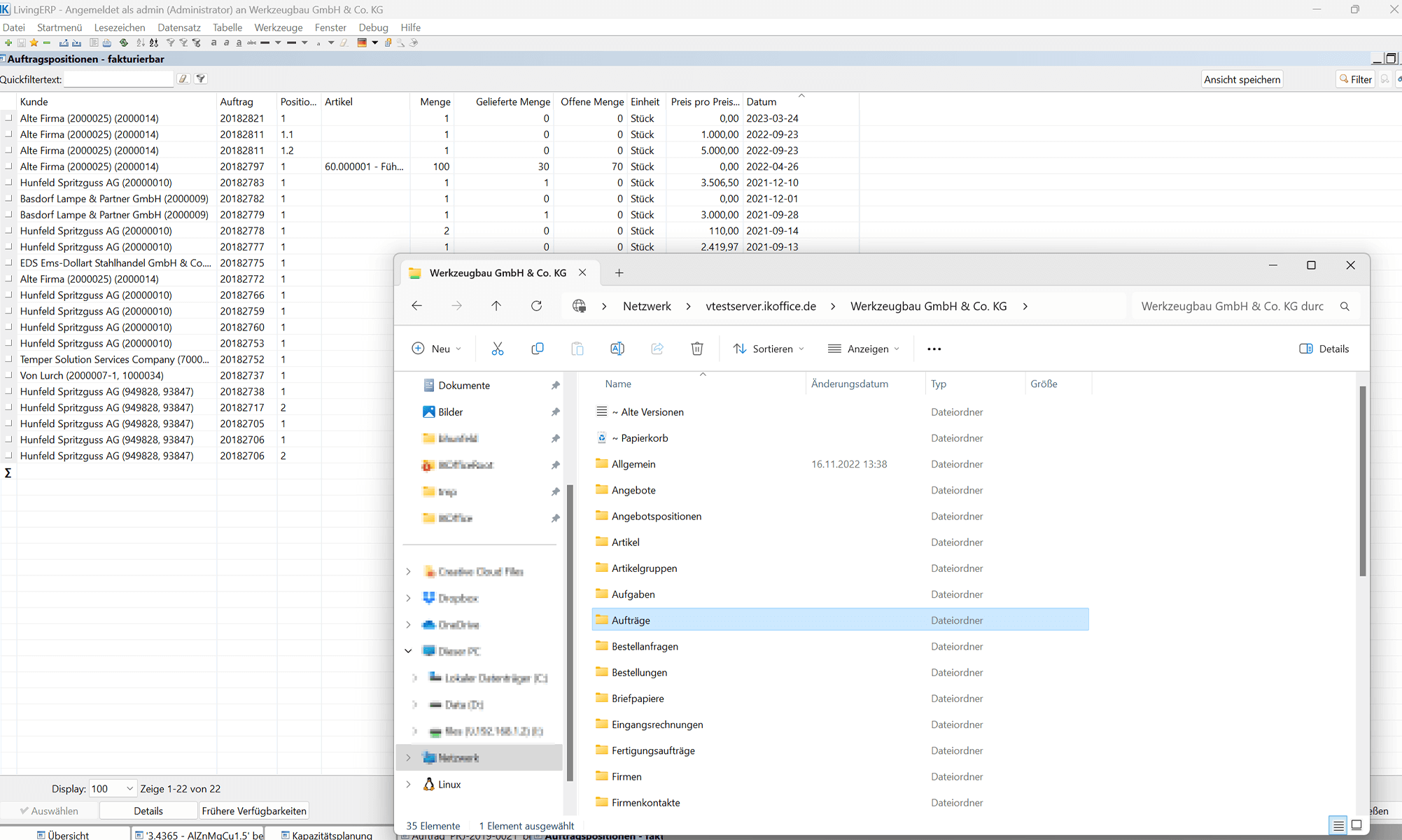 Ansicht Auftragspositionen IKOffice LivingERP - Integration durch eigene Workflow-Gestaltung